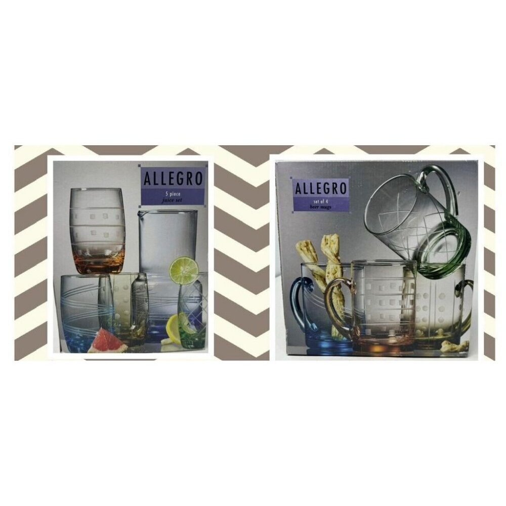 TWO SETS Handcrafted Allegro Glassware: 4 Beer Mugs and a 5 Piece Juice Set with
